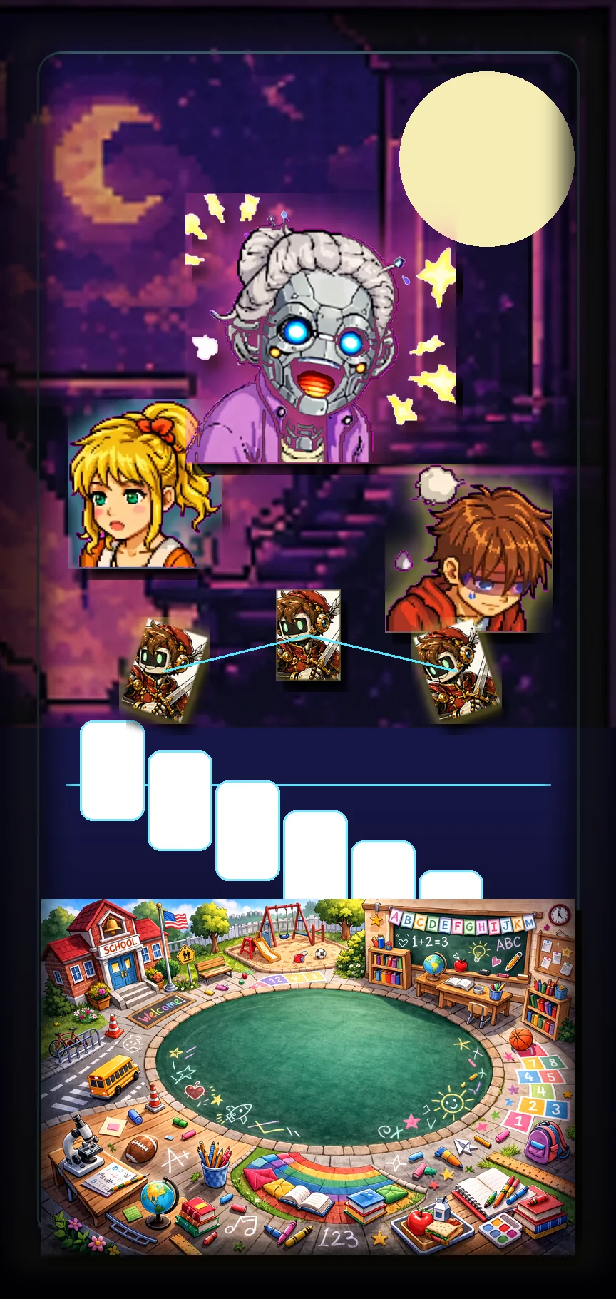 A Battletaire episode scene with dreamlike family-house card paths and bedtime arcade pressure.