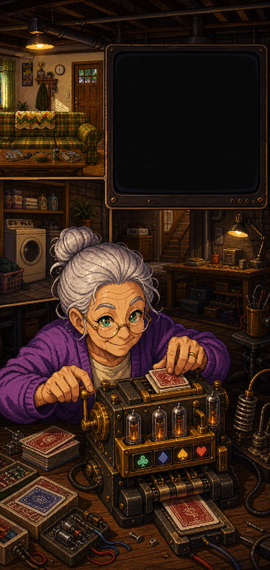 Grandma tuning the reshuffler machine.