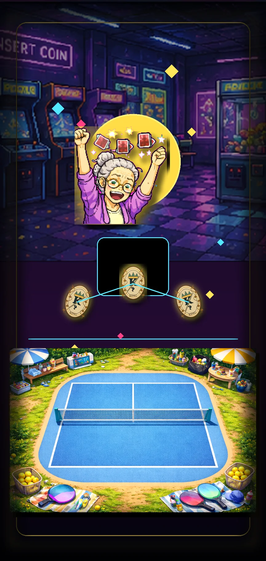 A Battletaire episode scene with an underground card table and Grandma-coded tournament misdirection.